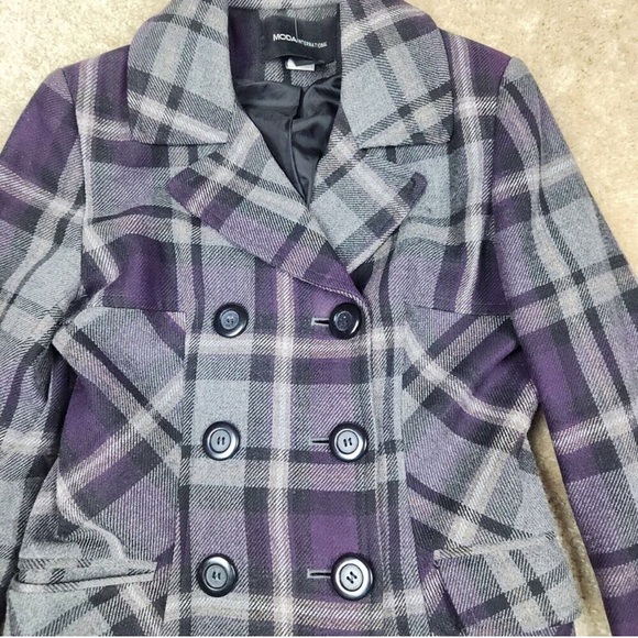 Moda International Wool Blend Purple Grey Plaid Tartan Winter Peacoat Women's XS - Picture 4 of 16